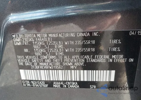 2015 Toyota Rav4 Limited from USA, damaged, VIN 2T3DFREV6FW319562